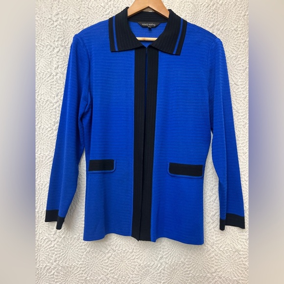 Ming Wang Knit Cardigan Size Large Royal Blue Black Trim Open Business Collar - Picture 14 of 14